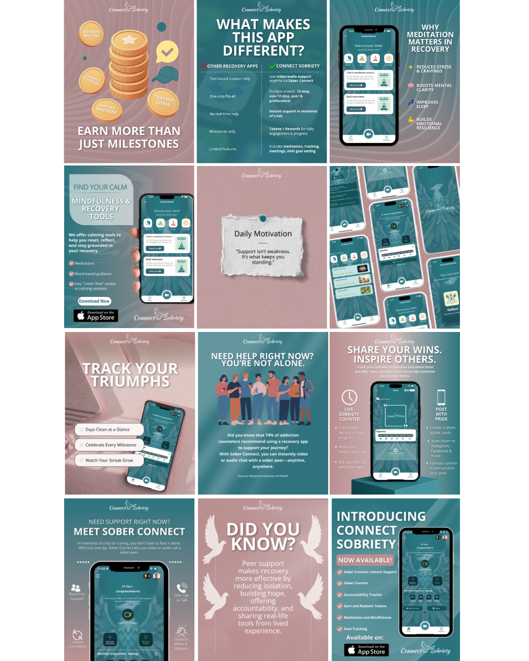 Connect Sobriety social media content grid